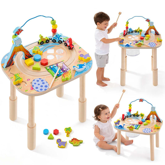 Activity Table for 1 Year Old with Two Height Levels,Wooden Sensory Play Table for Toddlers 1-3,8 in 1 Montessori Learning Toy with Bead Maze, Shape Sorter,Train,Gift for Baby Boys Girls (Dinosaur)