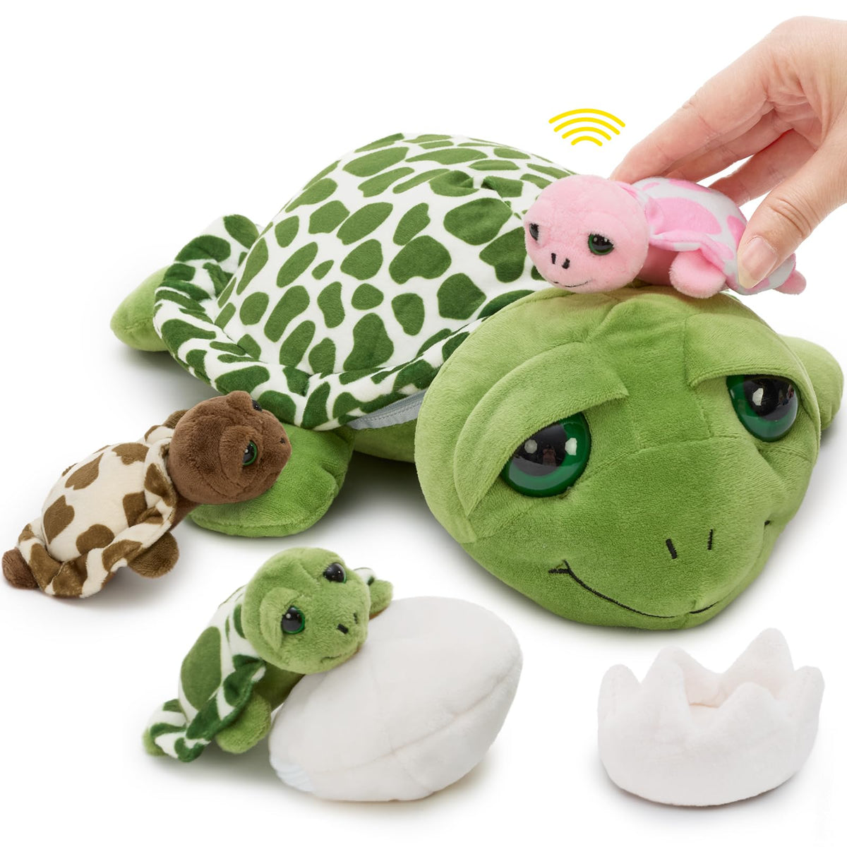 Karister 6Pcs Sound Turtle Plush Toy, 14" Talking Mother Turtle Stuffed Animal with 3 Baby Tortoise & 2 Eggs, Stuffed Educational Sea Creature for Kids, Ocean Plushies Gift for Birthday Christmas