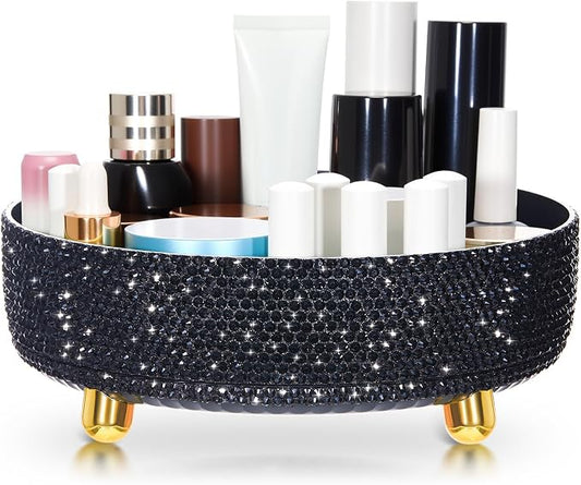 Honeydak Black Bling Perfume Makeup Organizer Bling Mother's Day Nurses Day Gifts for Women Bathroom Organizers and Storage 360 Rotating Makeup Organizer for Countertop(Resin Stone)