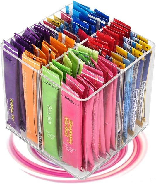 Drink Packet Organizer For Powdered Drink Mix,Powder Packet,Water Packet,Water Flavor Packet,Lazy Susan Organizer Rotating Holder for Drink Mix Necessities（Square）