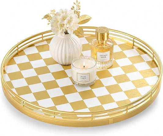 Gold Decorative Lazy Susan Tray, 12 Inch Round Rotating Tray with Metal Rail, Checkerboard Wood Turntable for Coffee Table, Dining Table Centerpiece, Living Room Decor, Candle and Vase Display