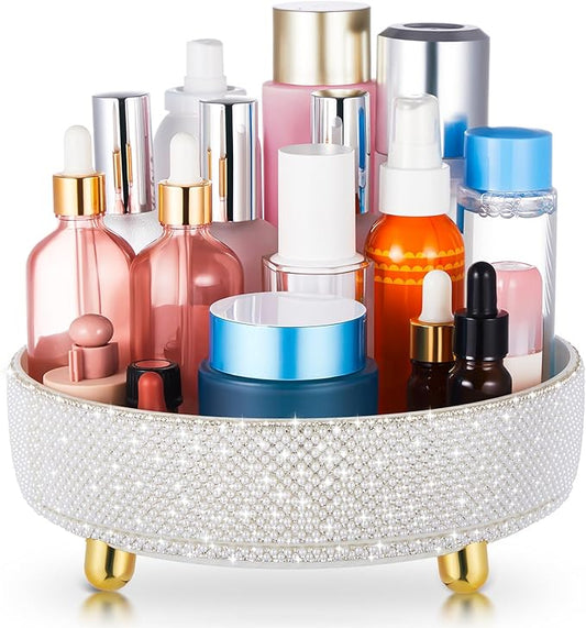 Honeydak 360 Rotating Perfume Organizer Gift for Women, Rhinestone Preppy Skincare Organizer Bathroom Counter Makeup Holder Skincare and Perfume Storage for Cosmetic(1 Tier,Pearl,White)