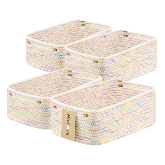 MiniArk Small Storage Baskets for Organizing | Closet Organizer Bins | Shelf Toy Basket | Woven Rope Baskets | Cube Decorative Box | Shallow Basket | 13x8.5x5.1” | 4 Packs Rainbow