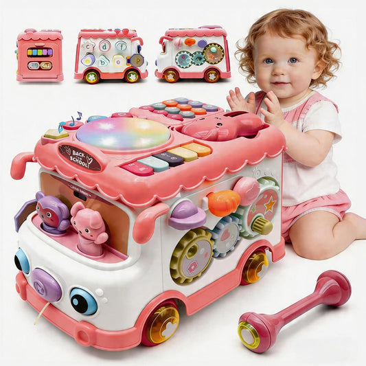 DELUTIQUE Baby Bus Toy for 1 Year Old Girl Gifts, Montessori Musical Bus Toy for Baby 12-18 Months, Baby Piano Drums for Toddlers 1-3, Shape Sort Toys 1st Birthday Gifts for Girls