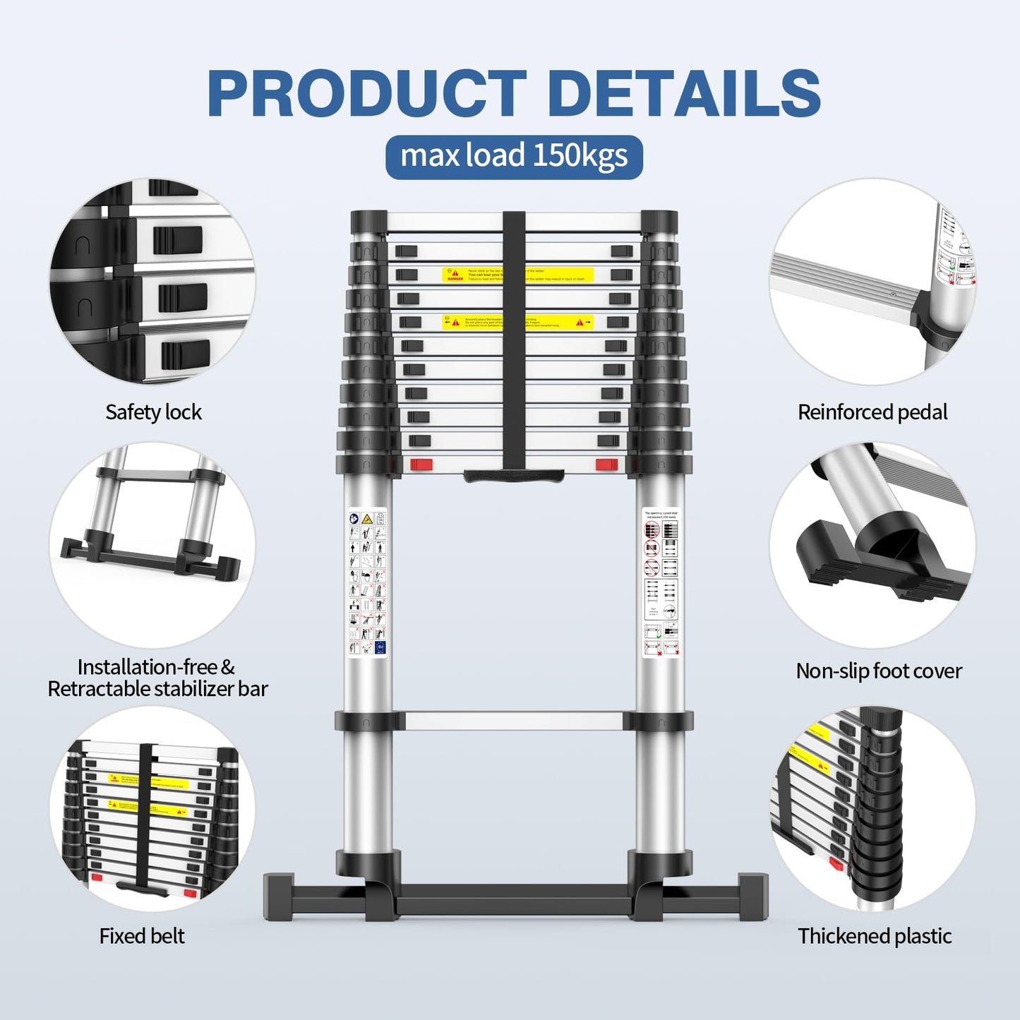 12.5FT Telescoping Ladder, 330lb Capacity Aluminum Heavy-Duty Extension Ladder with Anti-Slip Steps for Secure Attic Access, Roof, and Home Renovation Projects