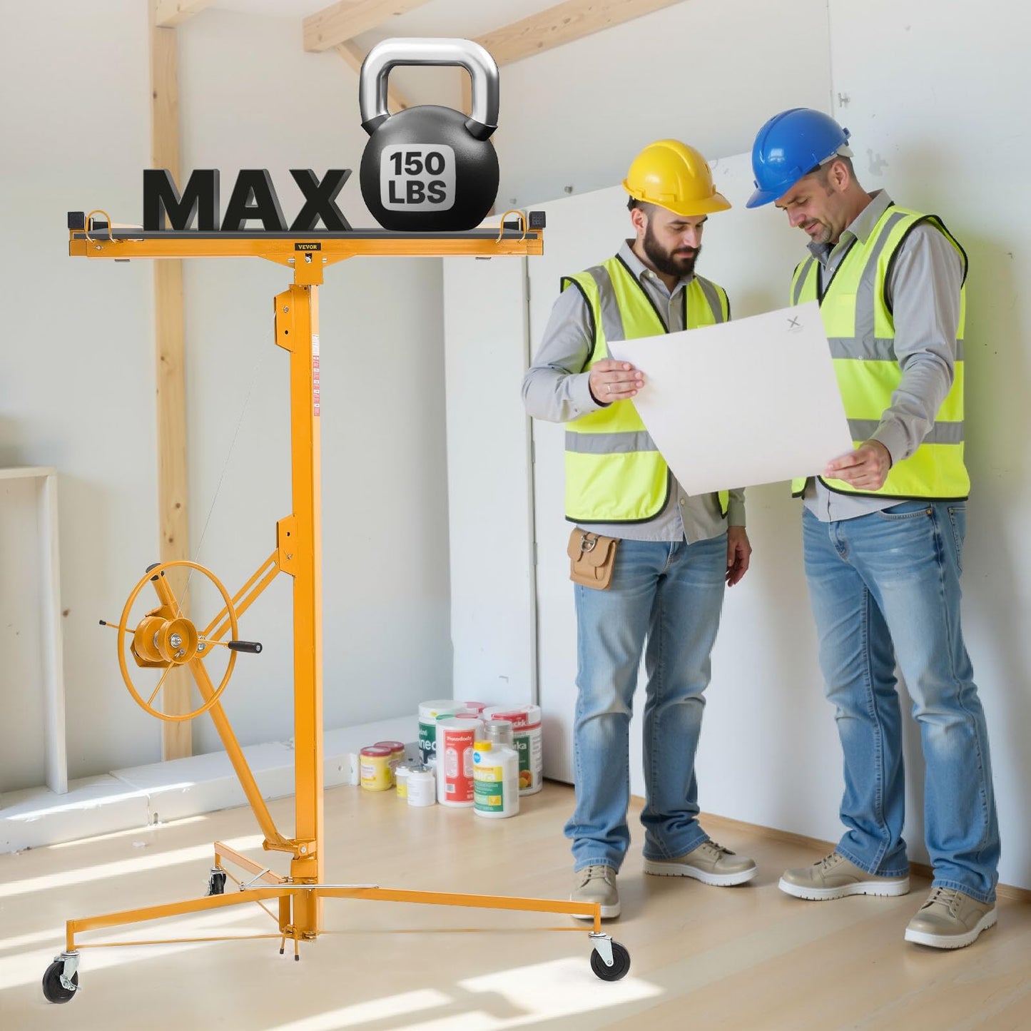 VEVOR 16ft Drywall Lift, Heavy-Duty 150 lbs Sheetrock Hoist with Adjustable Telescoping Arm, Lockable Wheels, Drywall Lifter Panel Jack Hoist Tools Ideal for Ceiling & Wall Installation (Yellow)