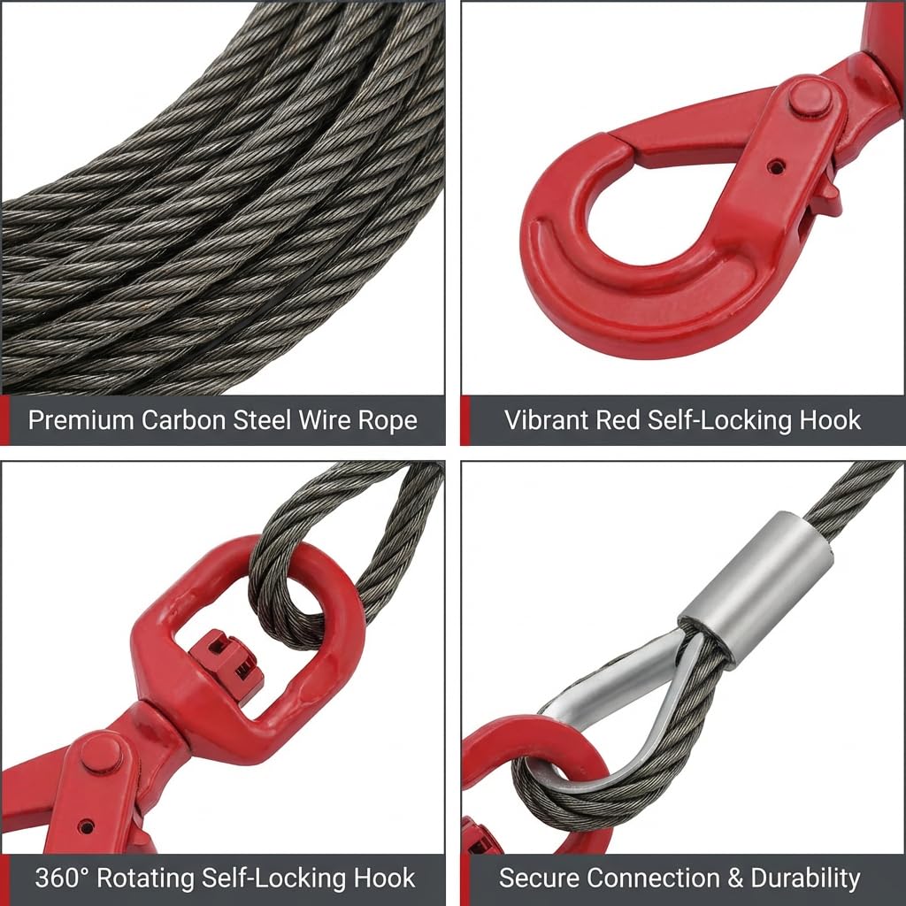 Carbon Steel Winch Cable,32000 lbs Breaking Strength, 9/16 Inch x 70 Feet Heavy Duty Towing Cable with 360° Swivel Self Locking Hook Universal Fit for Winch Operations, Lifting, Towing