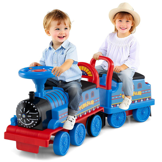 Costzon 2-Seater Ride on Train with Carriage, 6V Ride on Toy w/Under-Seat Storage, Footrests, Train Whistle, Music & Colorful Flashing LED Lights, Electric Car for Kids (2 Seaters, Blue)