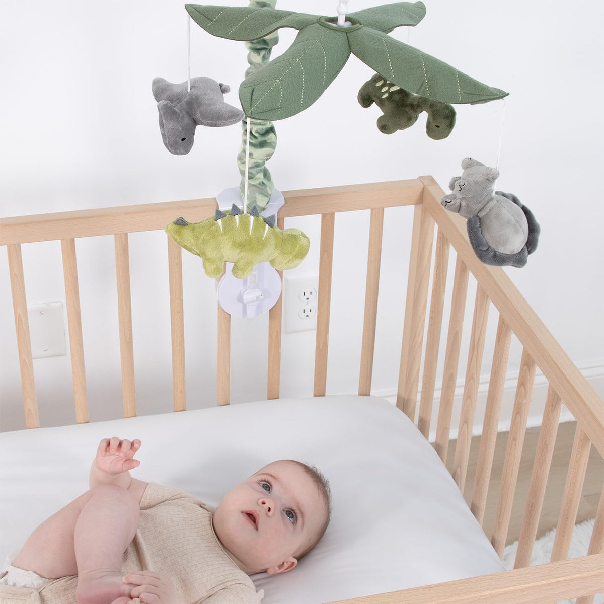 The Peanutshell Crib Mobile for Boys or Girls - Grey and Green Camo Musical Baby Crib Mobile with 12 Lullabies, Dino Baby Dinosaur Nursery Decor