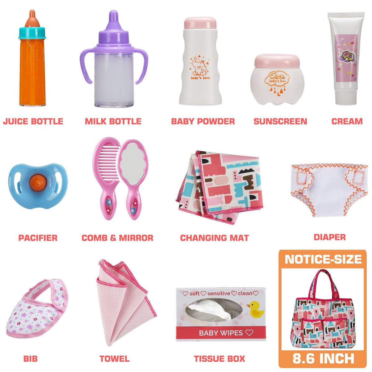 14 Pack Baby Doll Accessories, Baby Doll Feeding and Caring Set Includes Diaper Bag, Doll Diapers, Magic Bottle, Changing Mat for Girl Toddler Kid, Babies Pretend Play Set for Birthday Gift Christmas