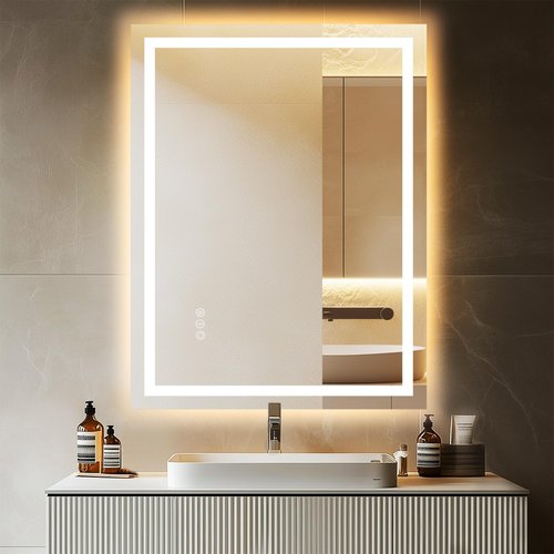 AFMMFA 24"x 32" LED Bathroom Mirror with Stepless Dimmable, Backlight Wall Mirrors with Anti-Fog Bathroom Digital Mirror for Wall, 3 Color Modes, Memory Function Smart Mirror