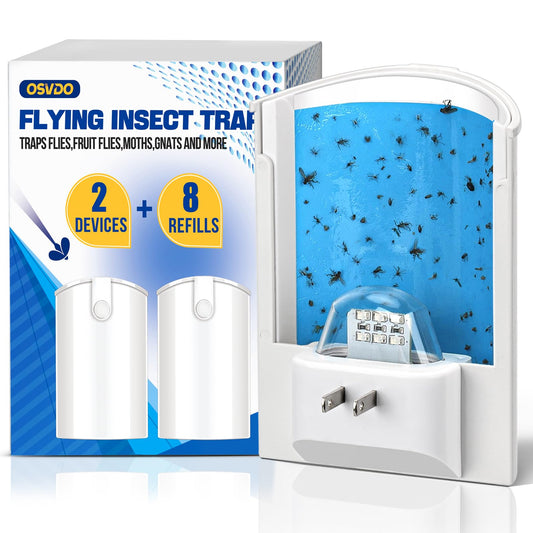 OSVDO 2-Pack Indoor Flying Insect Traps with 8 Refills, UV Light Bug Catcher for Flies, Gnats, Moths, 30-Day Sticky Pads, Silent Fly Catcher for Home