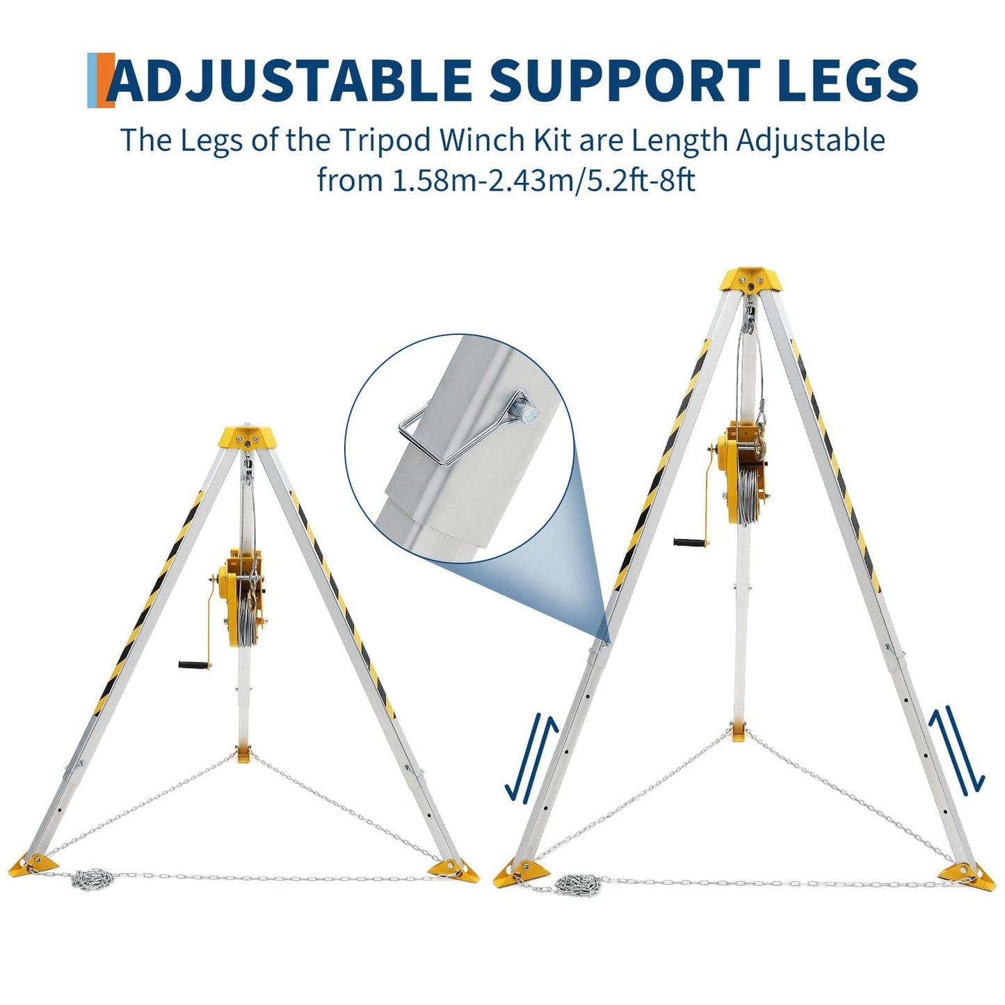 Confined Space Tripod Kit with 1200 Lb Winch, 8 Ft Adjustable Tripod Stand, 98 in Steel Cable, 440 Lb Load Capacity, Rescue & Fall Protection System, Storage Bag for Traditional Confined Spaces