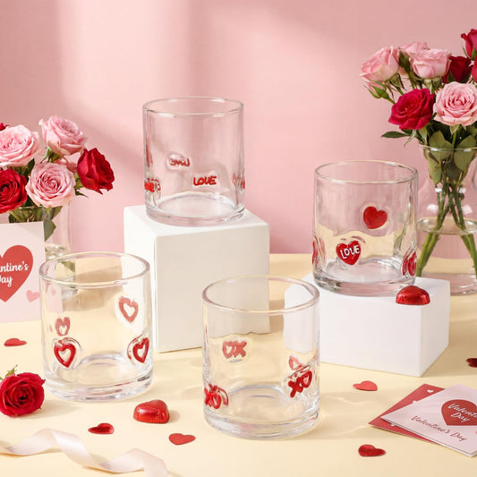 Skylety 8 Pcs Valentines Day Icons Juice Glasses Heart Love Drinking Cups Old Fashioned Stemless Wine Glasses 13.5 oz Whiskey Cocktail Coffee Mugs for Galentines Party Gift Decor