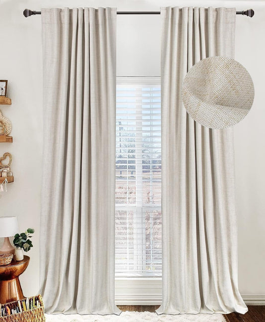 Skiennix 100% Blackout Linen Curtains - Thermal Insulated Drapes, 50" W x 96" L, Cream - 2 Panels Set