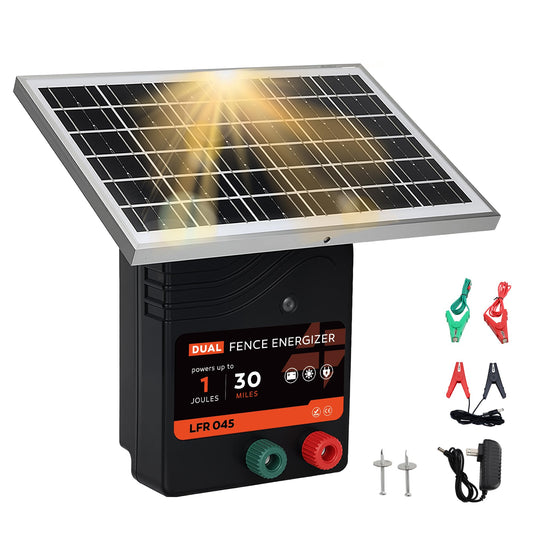 30 Miles Solar Electric Fence Charger, 1 Joule Portable Solar Fence Charger, Solar Electric Fence Kit, with 10W Solar Panel for Livestock, Preventing Predators from Intruding