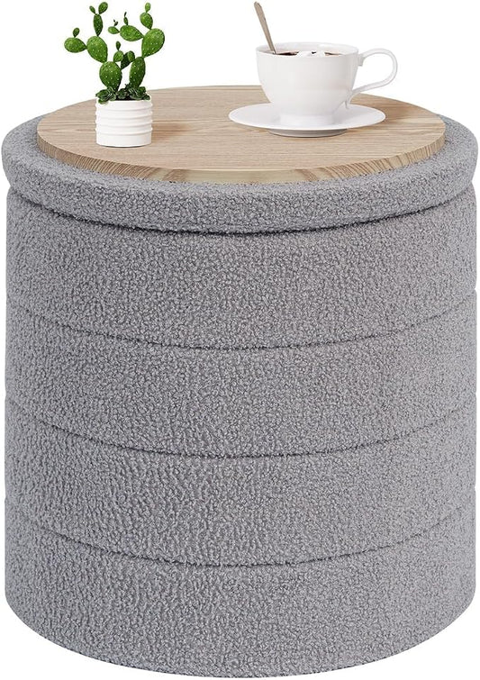 PINPLUS Round Storage Ottoman Foot Rest Stool with Tray Velvet Sherpa Folding Storage Ottoman,Boucle Foot Rest for Living Room, Bedroom, Dorm, Dorm,Grey Color