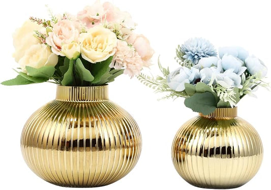 Gold Glass Vases for Tulips, Set of 2, Flower Vases for Bouquet, Ribbed Glass Vase for Flowers, Short Vase for Living Room, Office, Coffee Table, Shelf, Wedding
