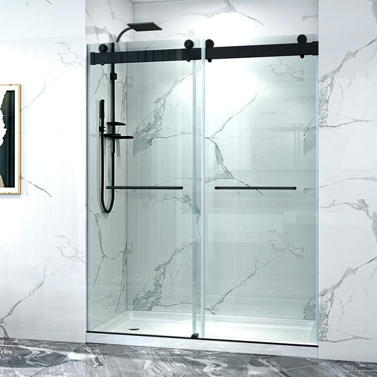 56-60" W x 76" H Frameless Sliding Shower Door, Double Sliding Glass Shower Door with Buffer 3/8"(10MM) Clear SGCC Tempered Glass, Explosion-Proof Film, Roller Disk System, Rust-Resistant.
