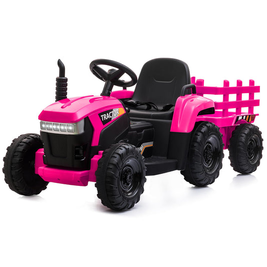 TOBBI Kids Electric Ride On Toy Tractor, Toddlers 12V Battery-Powered Car to Drive, 35W Dual Motor 6-Wheels Trailer Vehicle with 3-Speeds/LED & Horn Functions for Chirdren Aged 3-8-Pink