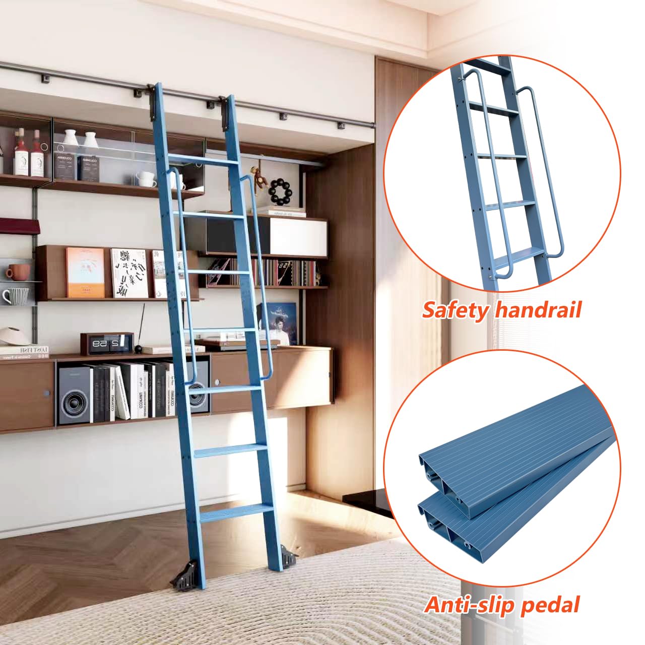 DIYHD 87" Lightweight Sliding Library Ladder with Handrail, Rolling Bookshelf Ladder with 4FT Rail System, Telescopic Top Hook, Upright Space-Saving Storage Design, 7 Steps, 300 Pound Capacity, Blue