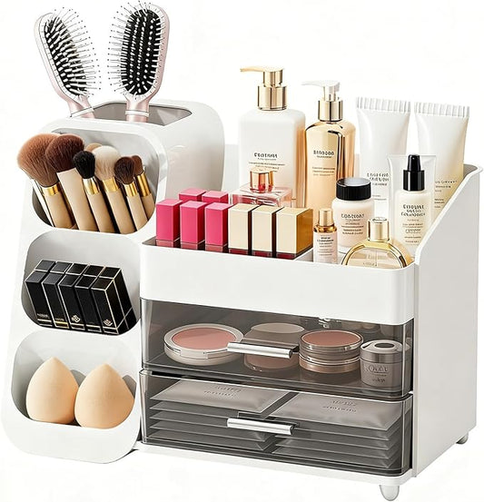 Bathroom Countertop Makeup Organizer with Brush Holder, Large Cosmetic make up storage organizers with 2 Drawers for Vanity Counter top, Makeup Caddy for skincare, lipsticks, hairbrush