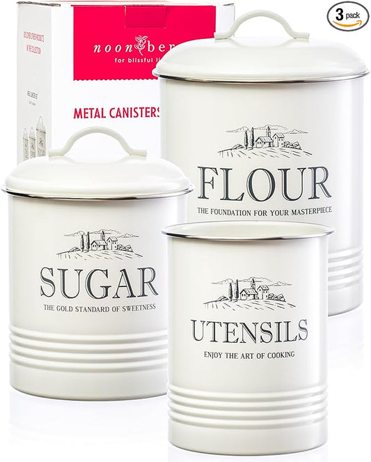 noonberry Kitchen Canisters for Countertop - 3-Piece Airtight Canister Set for the Kitchen Counter with Utensil Holder - Flour Sugar Containers - Cream-White Magnolia Finish
