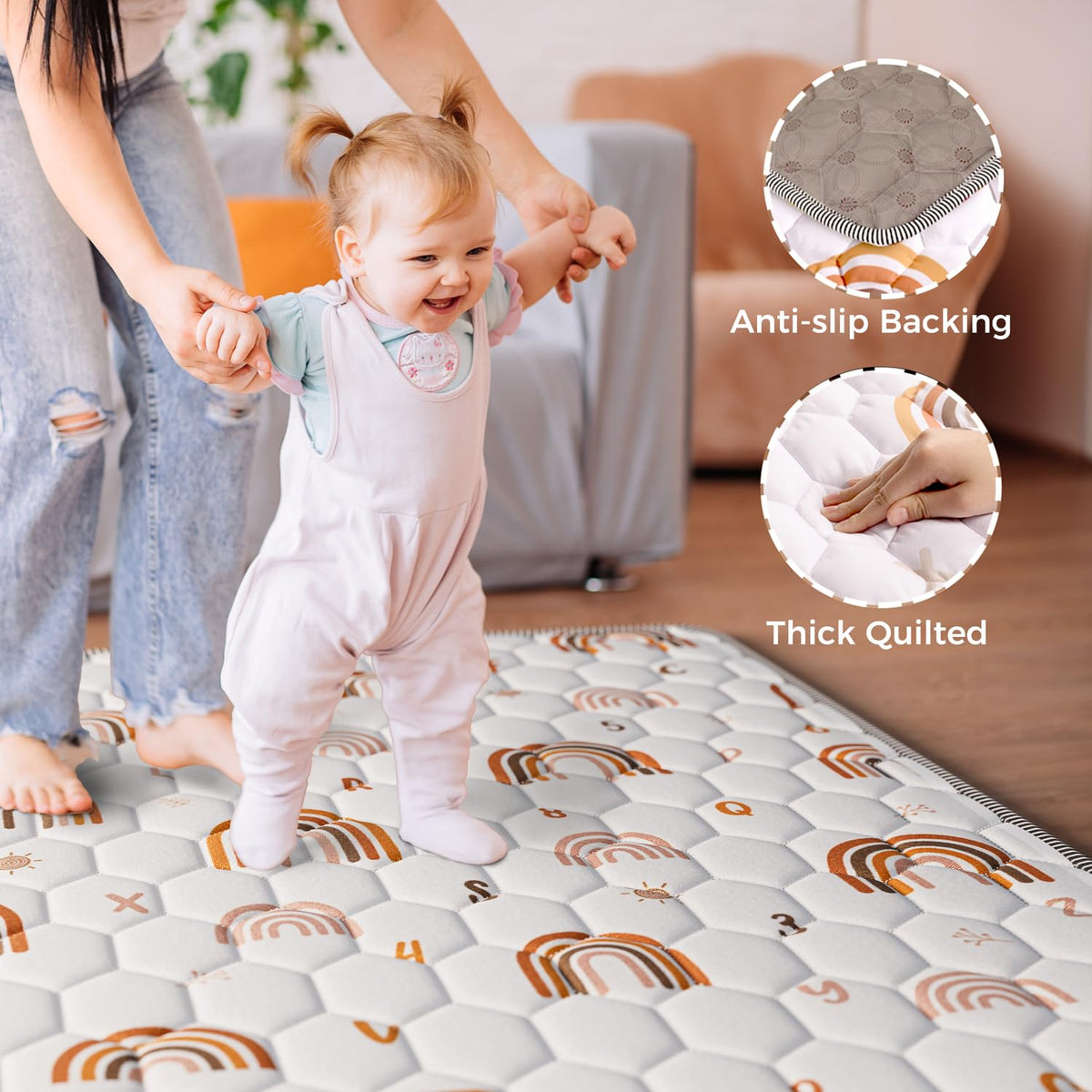Boho Rainbow Baby Play Mat 50" X 50" Playpen Mat Thicken One-Piece Baby Crawling Mat Non-Slip Cushioned Baby Floor Mat Activity Playmats for Infants, Babies, Toddlers (50X50, Letters+Number)