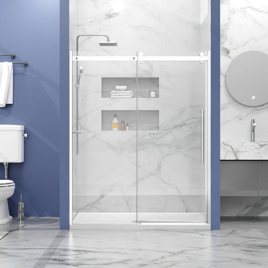 Bathenum Frameless Sliding Shower Door, 1/4 inch (6mm) Thick Clear Tempered Glass Shower Door with Zinc Roller Silent Slide System, Stainless Steel Handle (Chrome, 60" x 72")