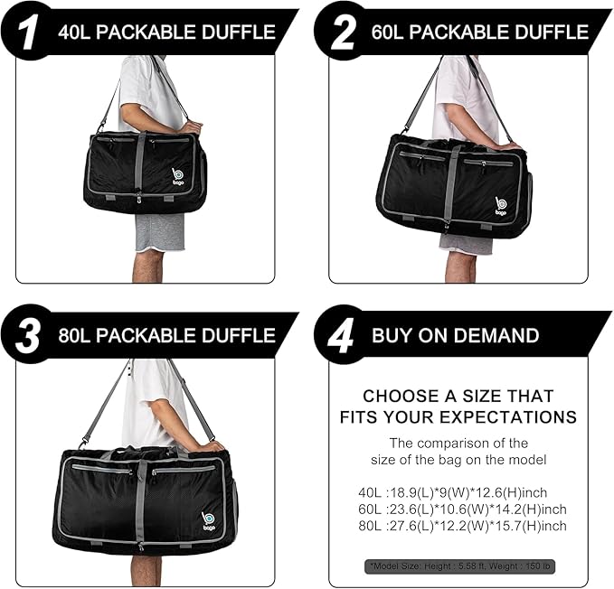 Bago Foldable Duffel Bags for Traveling Women & Men - 40L Sports Packable Duffle Bag for Travel with Shoe Compartment - Water Repellant, Heavy Duty, Lightweight Folding & Collapsible (SnowBlack)