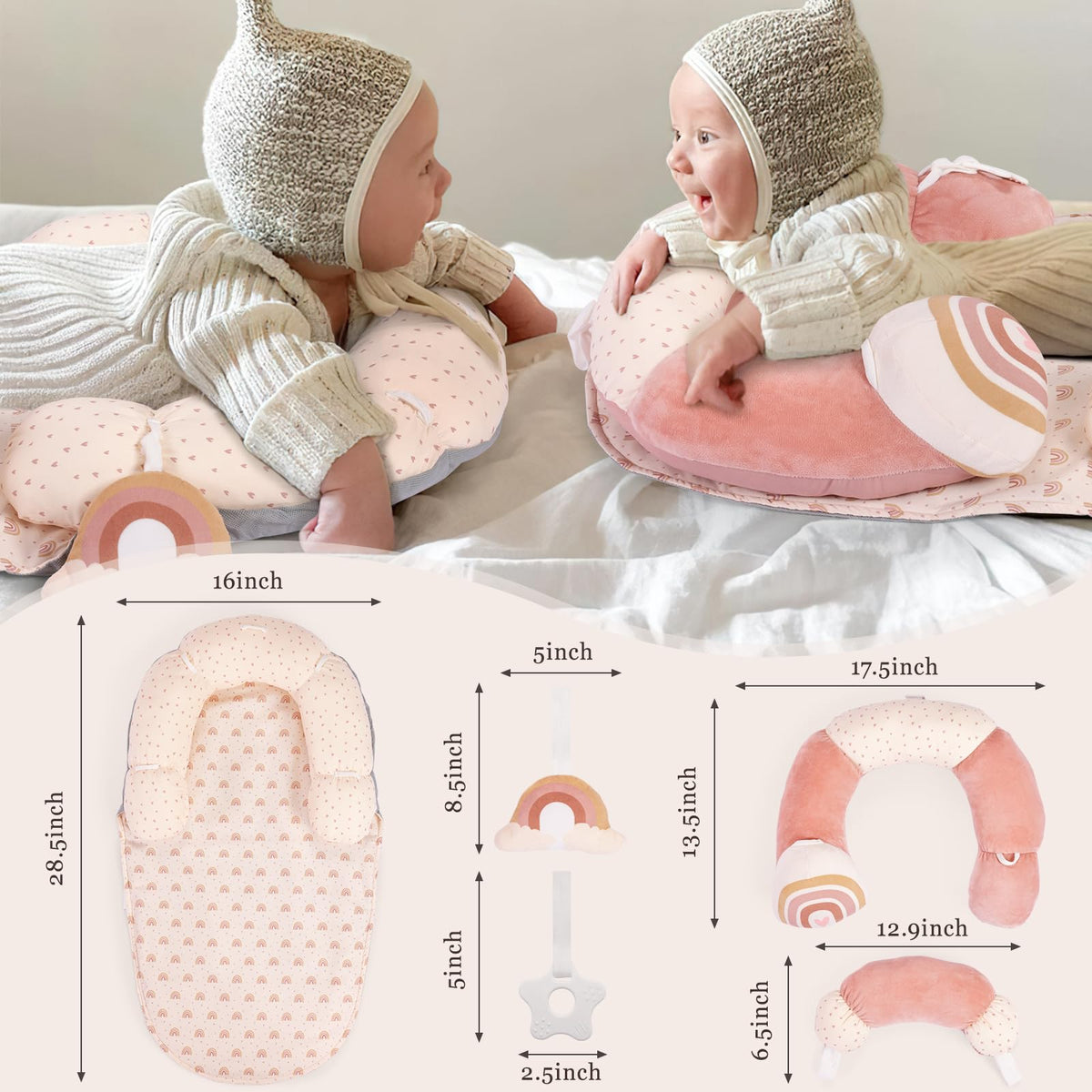 4 in 1 Tummy Time Mat with Educational Cards, Play Mat & Sitting Support for Newborn 0-12 Months, Infant Baby Sit Me Up Floor Seat, Sensory Skills Gifts, Rainbow