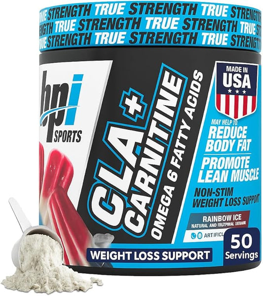BPI Sports CLA+Carnitine ??CLA L Carnitine & Linoleic Acid ??L Carnitine Supplement for Weight Loss, Metabolism & Lean Muscle ??Caffeine Free ??Rainbow Ice ??50 Servings ??12.34 oz