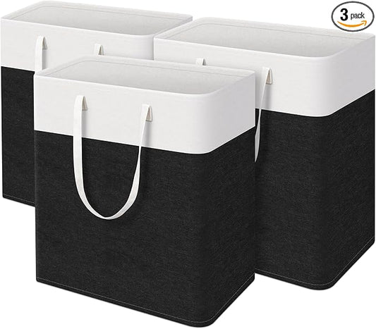 TasticTotes laundry basket 3-Pack, laundry hamper, Hamper with handles, collapsible laundry baskets, Waterproof dirty clothes hamper, Towel Storage for Home or Dorm, 125L-Black