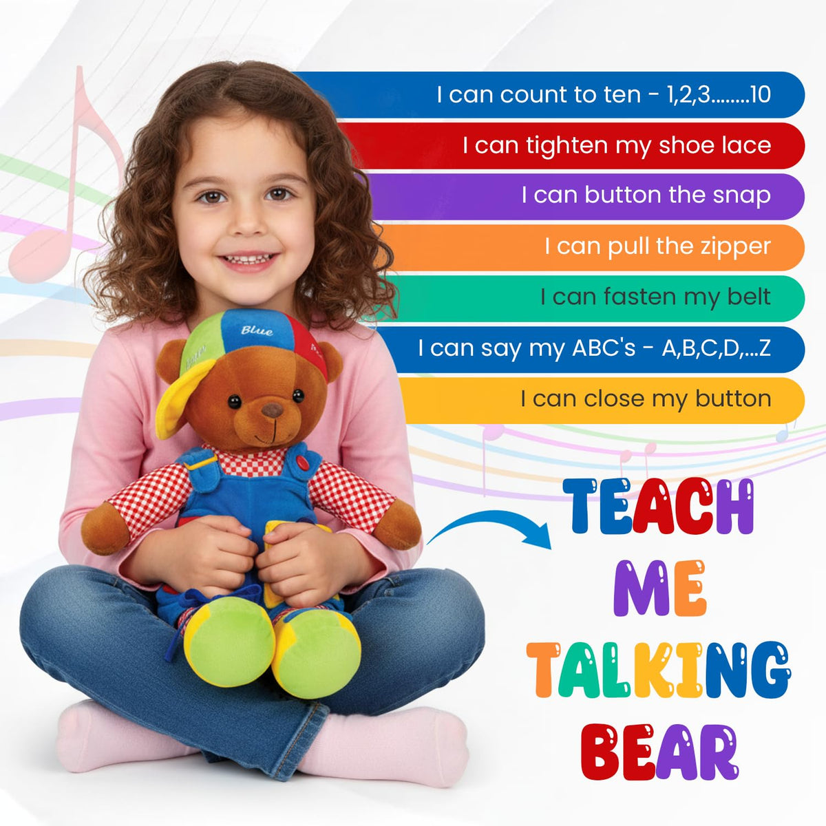 Bundaloo Talking Learning Dress-Up Bear for Toddlers – Educational Plush Toy that Talks & Sings ABCs, Zipper Button Shoelace Buckle Skills, 18” Life-Size Sensory Stuffed Animal for Preschool Kids