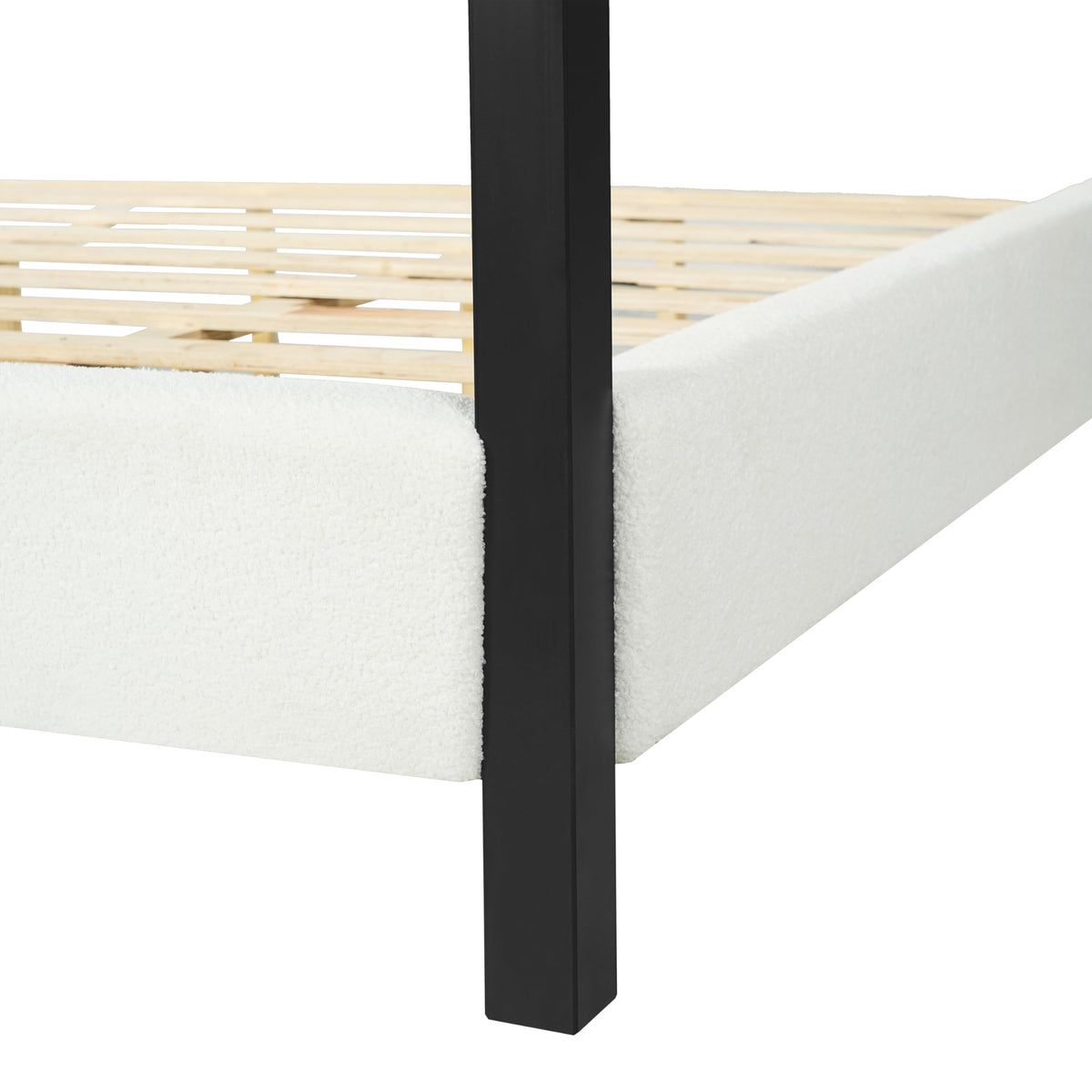 Merax Modern Queen Szie Metal Canopy Bed with Plush Bouclé Upholstery,Four-Poster Bed with Wood Slat Support,Padded Headboard & Side Rails,No Box Spring Needed,Luxury Bedroom Furniture,White+Black