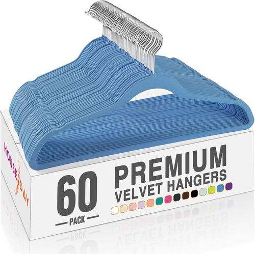 HOUSE DAY Velvet Hangers - Non-Slip Heavy Duty 60 Pack in Tranquil Blue | Slim Space-Saving Design with 360° Rotating Hook