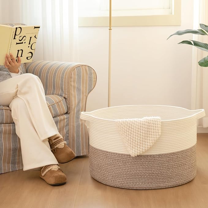 OIAHOMY 90L XXXLarge Blanket Basket for Living Room, 21.7" x 13.8" Woven Cotton Rope Laundry Basket for Organizing Pillows, Decorative Stuffed Animal Toy Storage for Nursery, Jute and Black