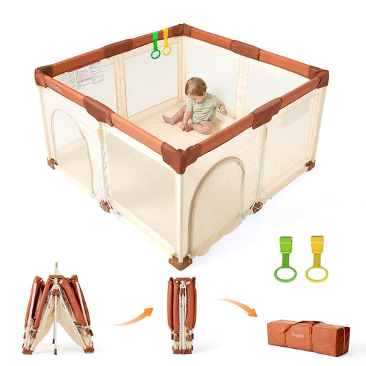 Tinyiota Foldable Baby Playpen - 50x50 Inch Portable Play Yard with Soft Mesh & Storage Bag (Brown)