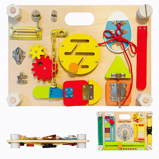 Smartwo Montessori Large Double-Sided Busy Board for 1 2 3 4 Year Old- Wooden Sensory Toys -Fidget Activity Board for Toddlers Boys and Girls- Motor Skills Gifts for ADHD & Autistic Children Kids