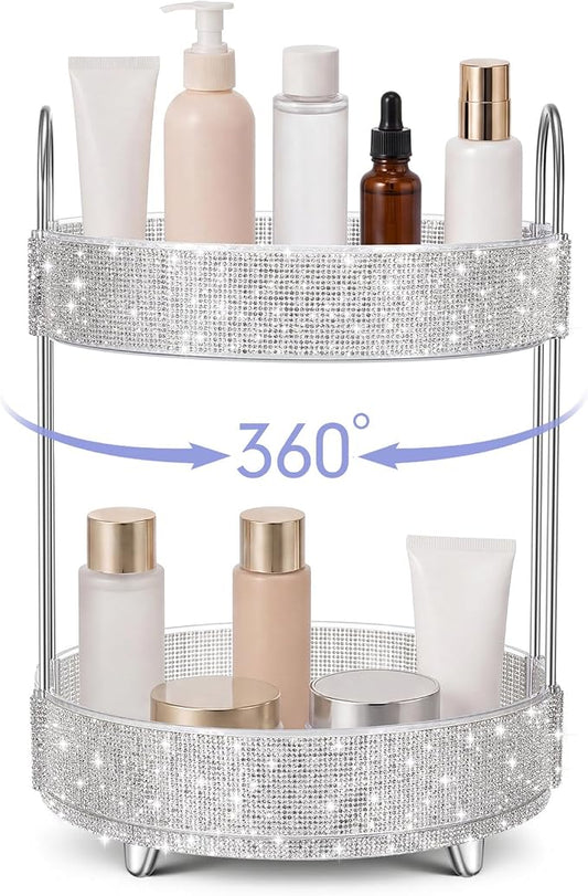 Honeydak 360 Rotating Perfume Organizer Gift for Women, Rhinestone Preppy Skincare Organizer Bathroom Counter Makeup Holder Skincare and Perfume Storage for Cosmetic(2 Tiers,Rhinestone,White)
