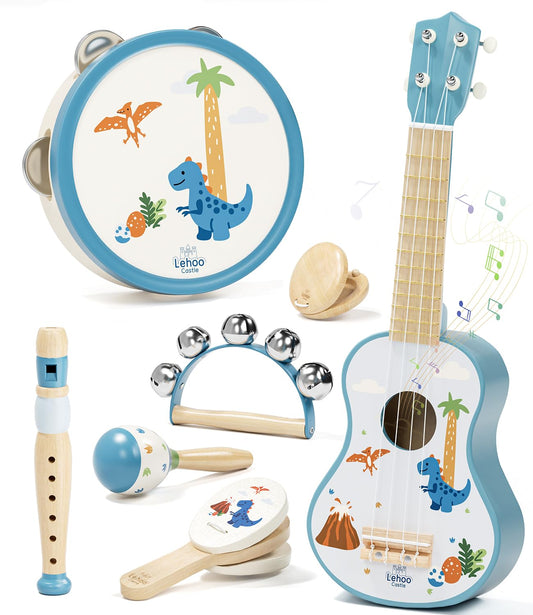 Lehoo Castle Kids Guitar Set, Dinosaur Guitar for Toddlers 1-3, Wooden Montessori Musical Instruments 7 in 1 with Ukulele/Tambourine/Maracas/Flute, Mini Band Set Birthday Gift for Boys Girls