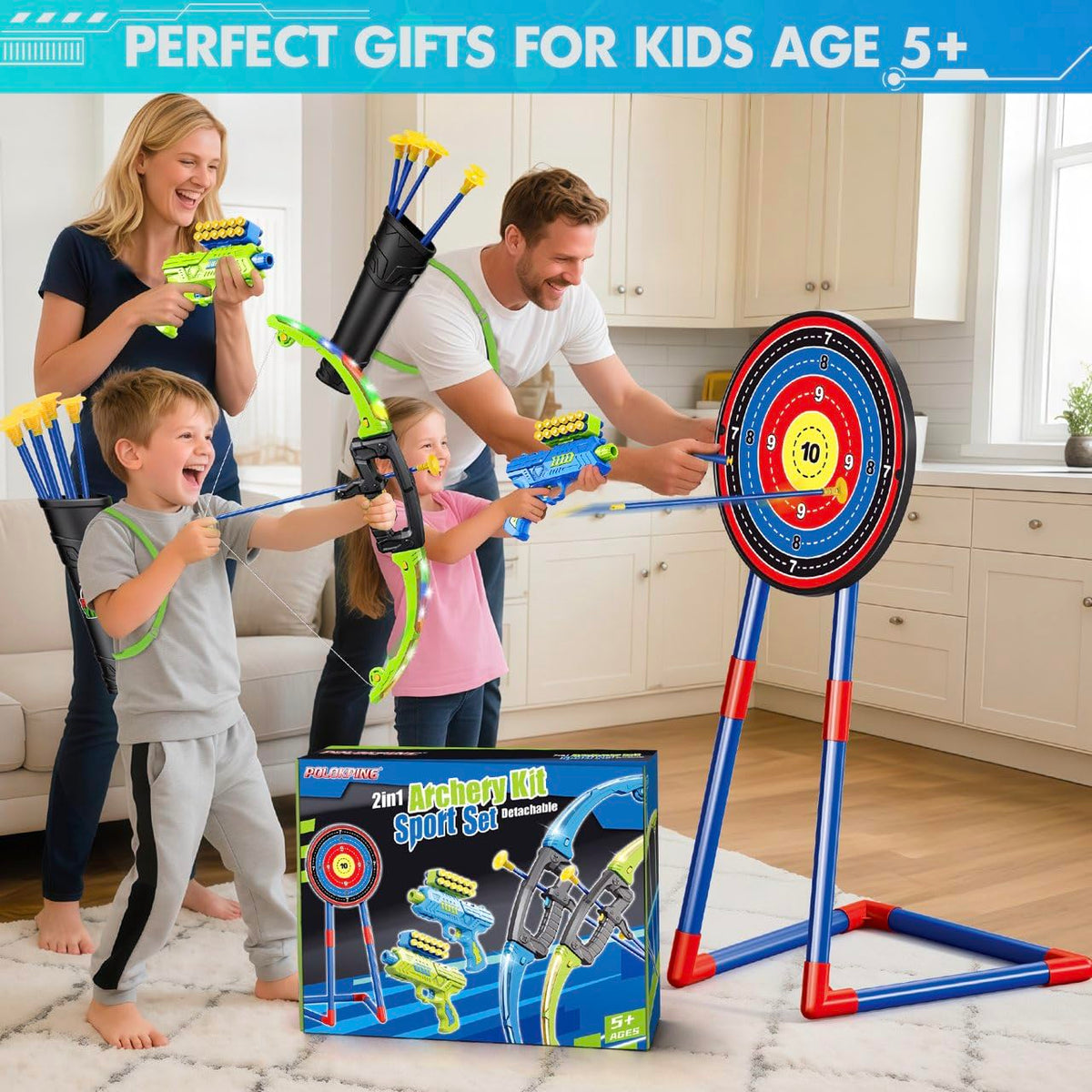 polokping 2 Pack Bow and Arrow Toy for 5 6 7 8 9 10+ Year Old Boys, Ideal Gift for Kids, Indoor Outdoor Shooting Game Toy for Ages 4-8 8-12, LED Light Up Archery Set with 12 Suction Cup Arrows