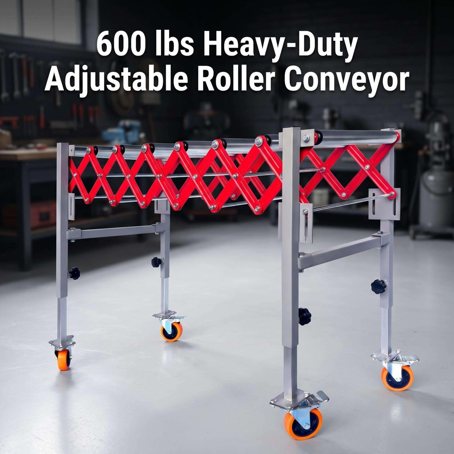 Expandable Roller Conveyor, Folding Transfer Stand with Casters, 27.5''-43'' Adjustable Height, 13.7''-47'' Extendable, 600 lbs Roller Conveyor for Warehouse Packing Roller Conveyor Applications