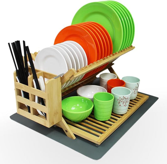 YZHDUXIU Bamboo Dish Drying Rack with Utensil Holder, 3 Tier Collapsible Dish Rack, Large Dish Racks for Kitchen Counter, Wooden Folding Dish Drainer with Dish Drying Mat (3 Tier (with Drying Mat))