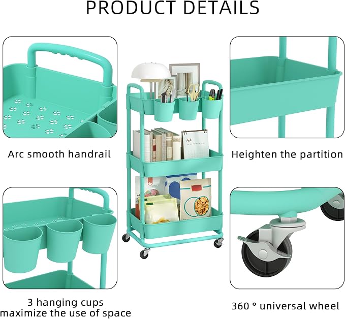 JIUYOTREE 3-Tier Plastic Rolling Storage Cart Utility Cart with Extra Hanging Cups Handles Lockable Wheels for Living Room Bathroom Kitchen Office Green