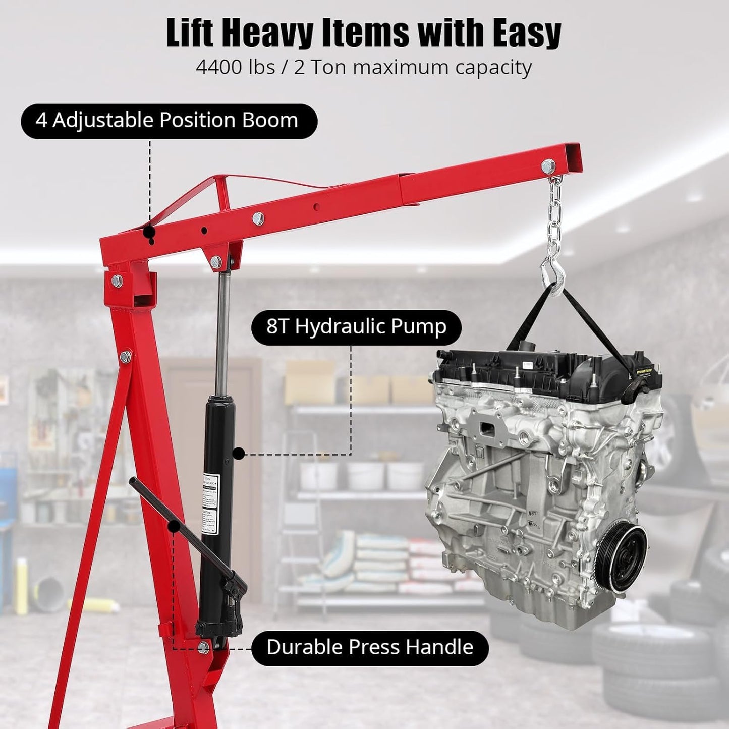 2-Ton Folding Engine Hoist Cherry Picker 4400 Lb Capacity Hydraulic Shop Crane with Telescoping Boom 6 Caster Wheels for Automotive Repair Garage Use Includes Hitch and Storage Stand Red