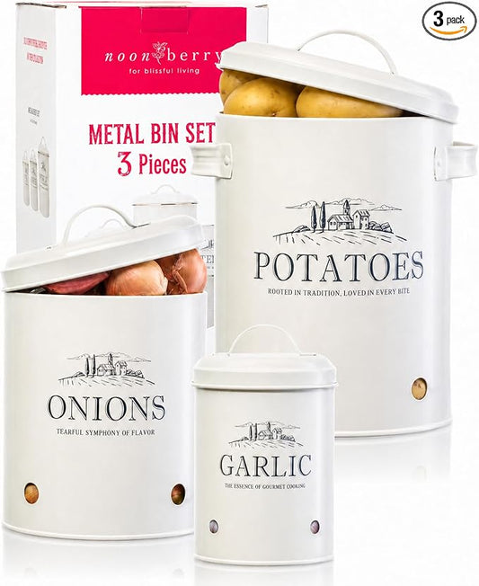 noonberry Potato and Onion Storage Bin Set - 3-Piece Ventilated Potato Storage Bin, Onion Storage Container and Garlic Container - Cream-White Magnolia Finish
