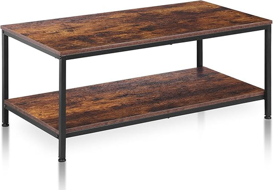 SUPER DEAL 2-Tier Coffee Table with Storage Shelf for Small Apartment Living Room, Rectangle Wood and Stable Metal TV Stand Side End Table, Rustic Brown