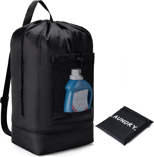 Aegero Backpack Laundry Bag,Large Travel Laundry Bags with Shoulder Straps and Mesh Pockets,Laundry Backpack with Drawstring Closure for College,Trave,Dorm, Apartment,Laundromat (Black)