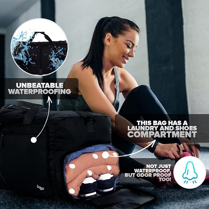 Bago Large Foldable Duffel Bags for Traveling Women & Men - 80L Packable Duffle Bag for Travel with Shoe Compartment - Water Repellant, Heavy Duty, Lightweight Folding & Collapsible (All Black)